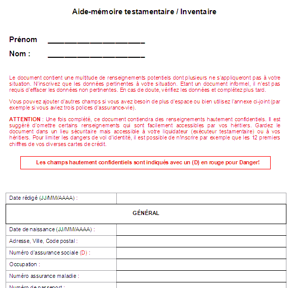 Aide-mémoire testamentaire